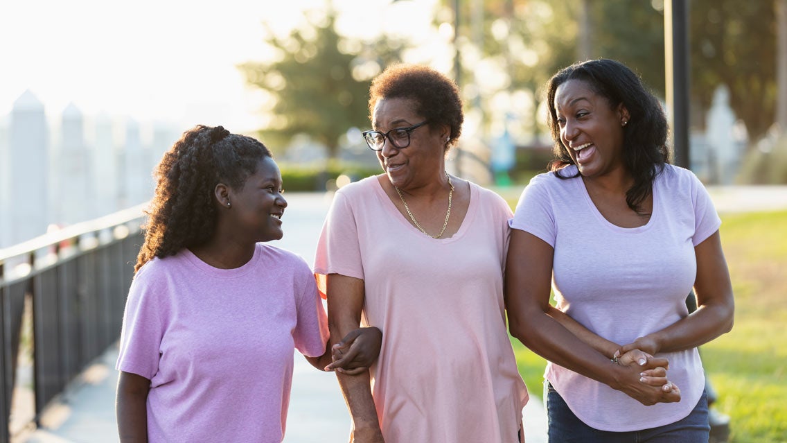 Three generations of African-American women walk in park